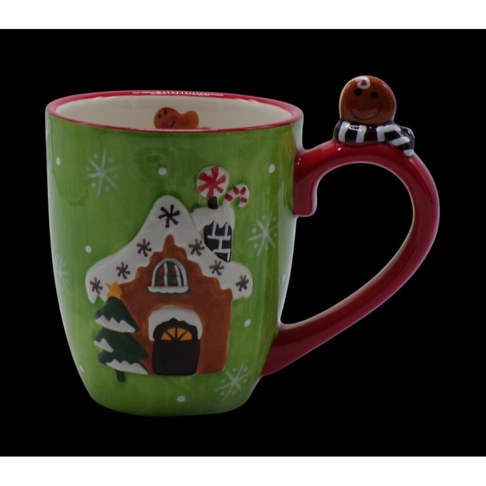 Graces Pantry Christmas Gingerbread Green Snowflake Red Handle Holiday Mug 12 oz